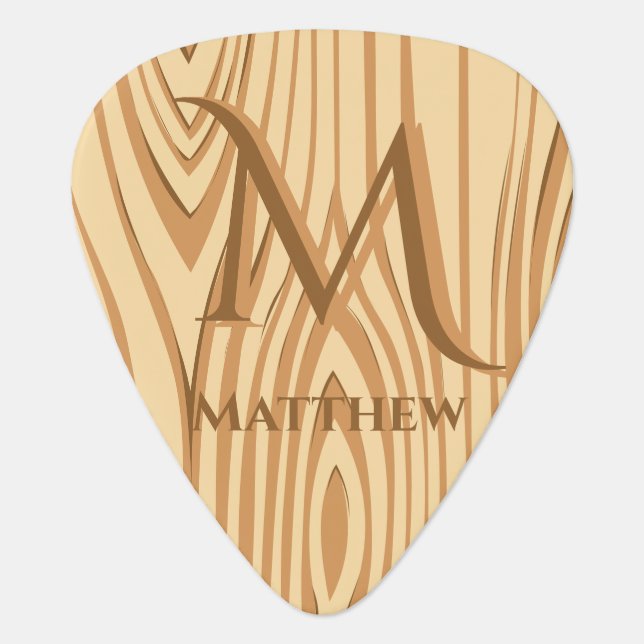 Cool Faux Stained Brown Wood Monogram Name Custom  Guitar Pick (Front)