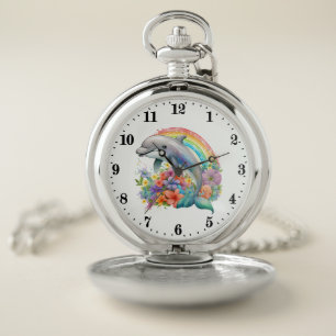 Cool faux stained glass dolphin lovers pocket watch
