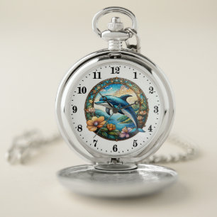 Cool faux stained glass dolphin lovers pocket watch