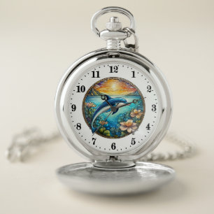 Cool faux stained glass dolphin lovers  pocket watch