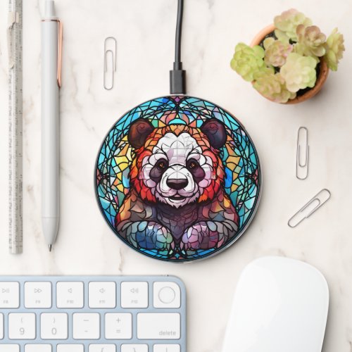 cool faux stained glass panda bear wireless charger 