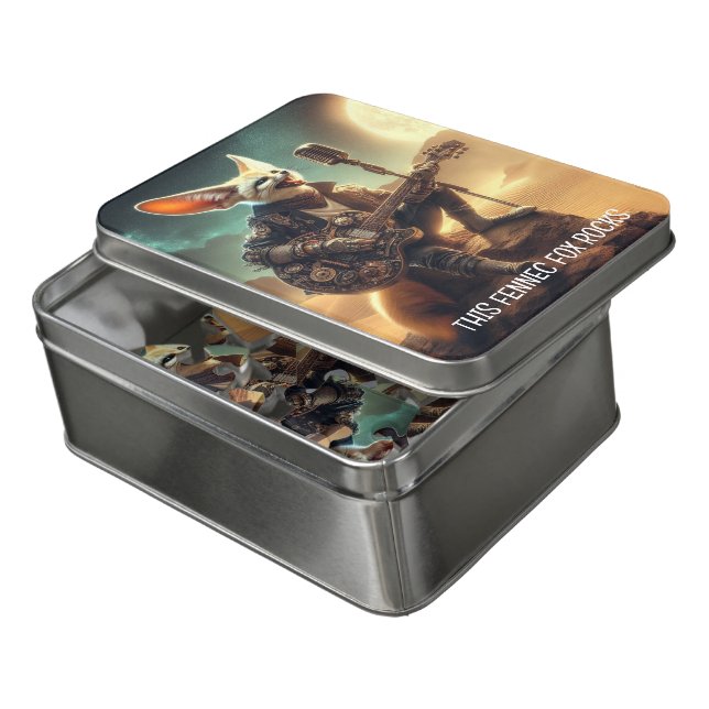 Cool Fennec Fox Rocks Acoustic Guitar in Desert Jigsaw Puzzle (Lid Open)