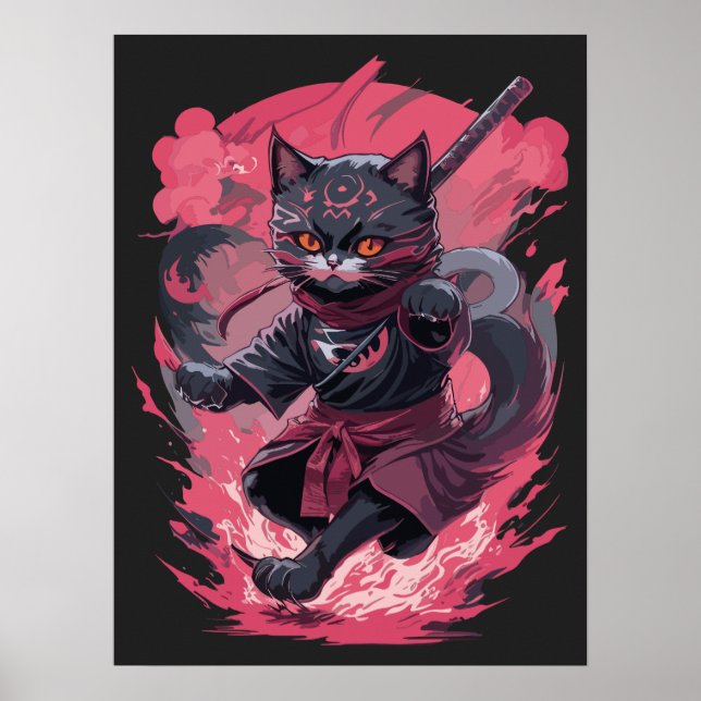 Cool Fire and Smoke Black Ninja Cat Warrior Poster (Front)