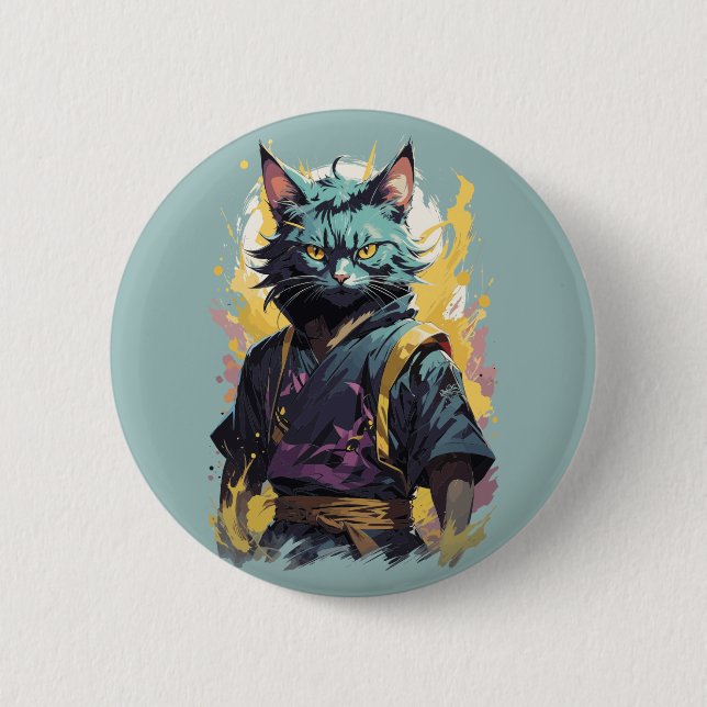 Cool Fire Splash Gray Ninja Cat Warrior Button (Front)