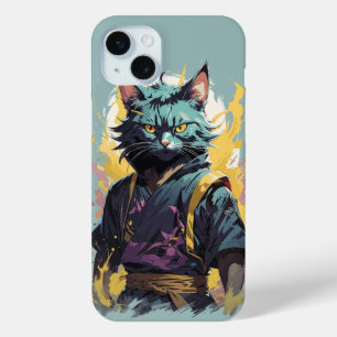 Cool Fire Splash Gray Ninja Cat Warrior iPhone 15 Plus Case