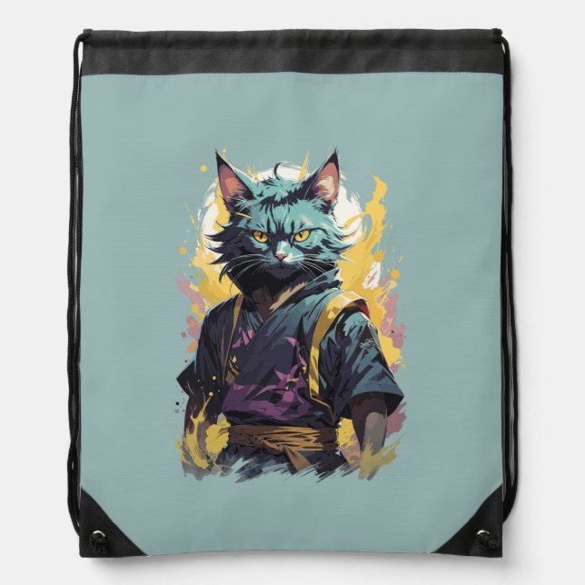 Cool Fire Splash Gray Ninja Cat Warrior Drawstring Bag (Front)