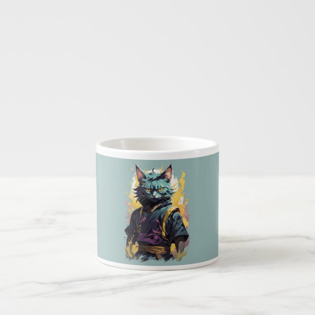 Cool Fire Splash Gray Ninja Cat Warrior Espresso Cup (Front)