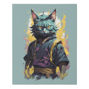 Cool Fire Splash Gray Ninja Cat Warrior Faux Canvas Print