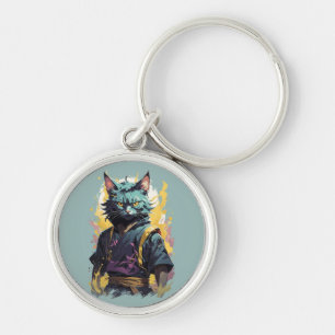 Cool Fire Splash Gray Ninja Cat Warrior Keychain