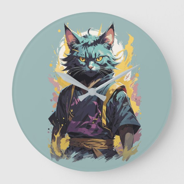 Cool Fire Splash Gray Ninja Cat Warrior Large Clock (Front)