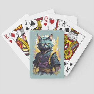 Cool Fire Splash Gray Ninja Cat Warrior Poker Cards