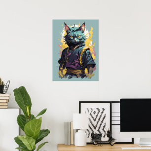 Cool Fire Splash Gray Ninja Cat Warrior Poster