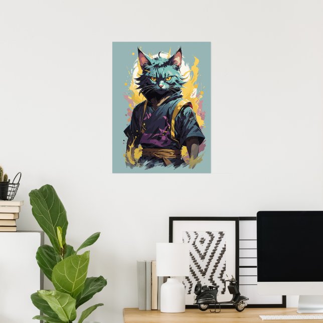 Cool Fire Splash Gray Ninja Cat Warrior Poster (Home Office)