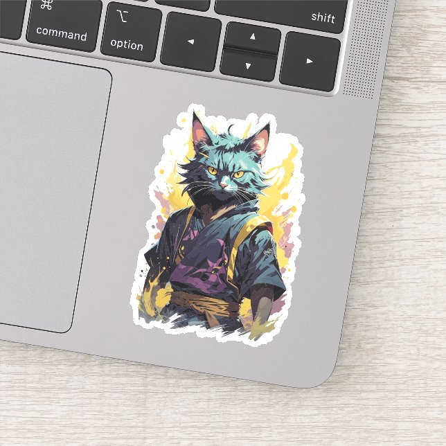 Cool Fire Splash Gray Ninja Cat Warrior Sticker (Detail)