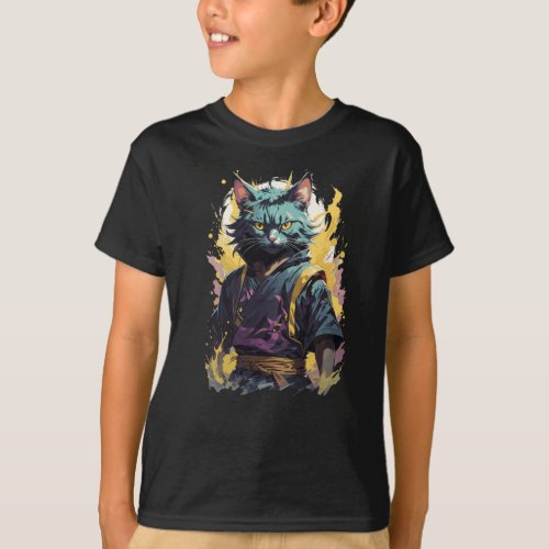 Cool Fire Splash Gray Ninja Cat Warrior T_Shirt
