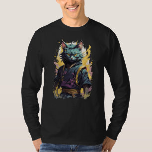 Cool Fire Splash Gray Ninja Cat Warrior T-Shirt