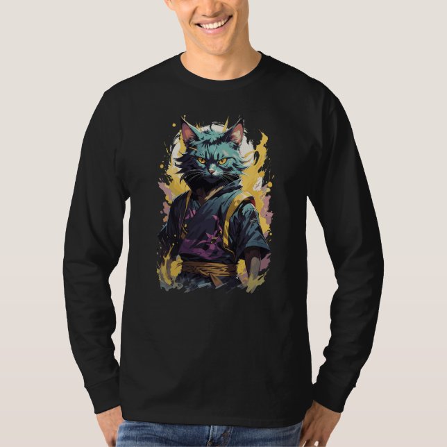 Cool Fire Splash Gray Ninja Cat Warrior T-Shirt (Front)