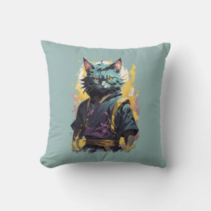 Cool Fire Splash Gray Ninja Cat Warrior Throw Pillow