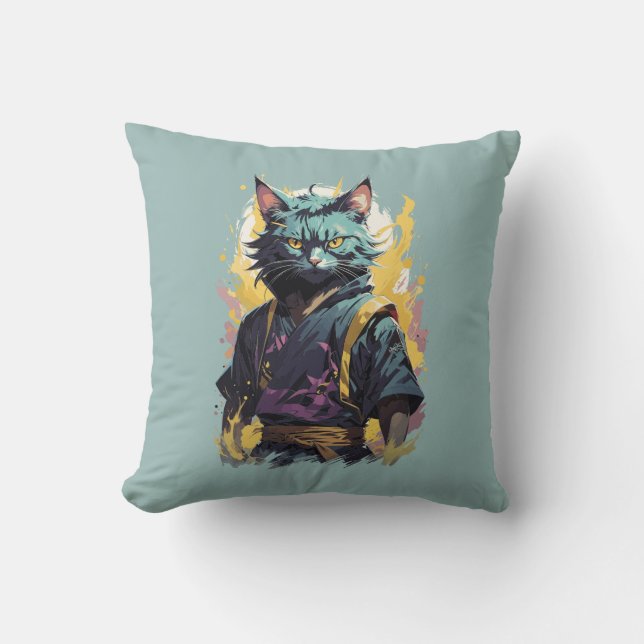 Cool Fire Splash Gray Ninja Cat Warrior Throw Pillow (Front)