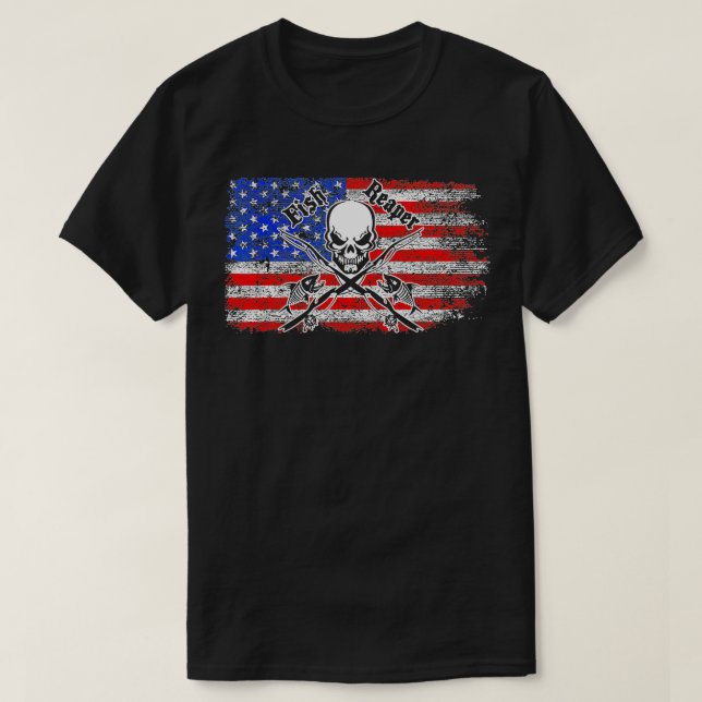 Cool Fish Fear Me Skull American Flag Pride Americ T-Shirt (Design Front)