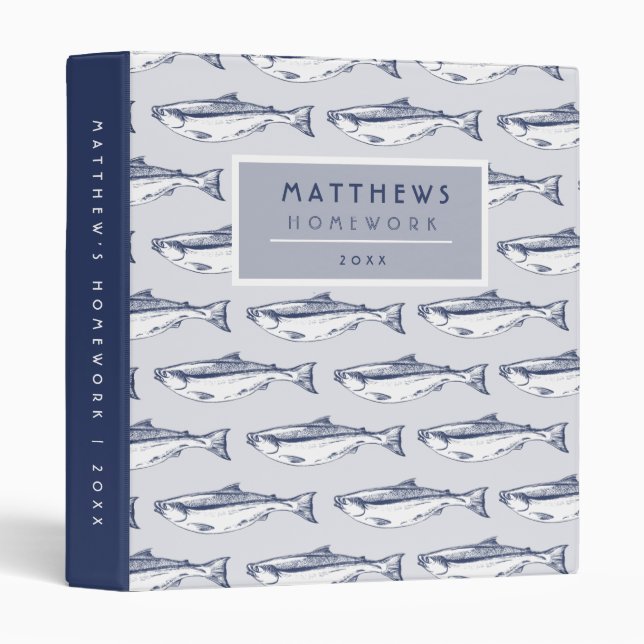 Cool Fish Pattern Blue Personalized School 3 Ring Binder (Front/Spine)