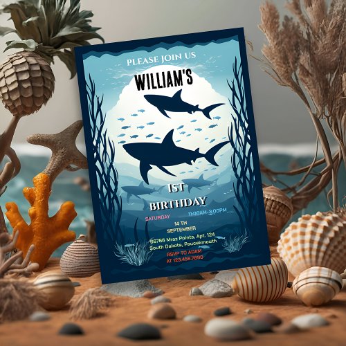 cool fish sea blue whale shark 1st Birthday Invitation