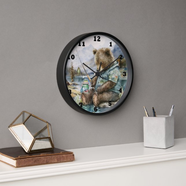 cool fishing lovers  bear watercolor Clock  (Office)
