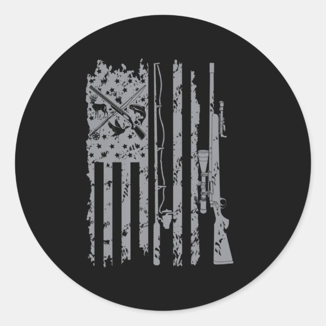 Cool Fishing Rod Hunting Rifle American Flag Gift  Classic Round Sticker (Front)