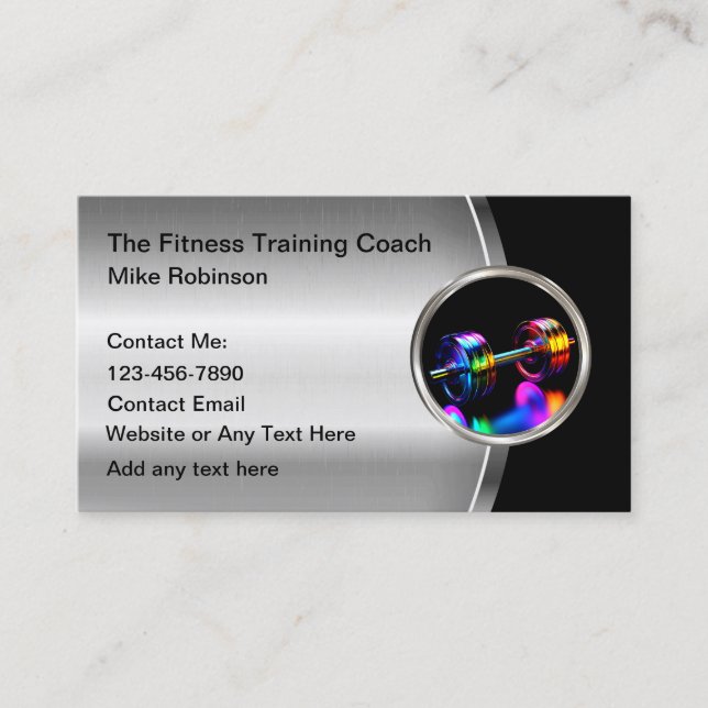 Cool Fitness Training Coach Metallic Barbell Business Card (Front)