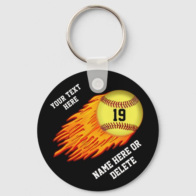 COOL Flaming Softball Team Gift Ideas NAME, NUMBER Keychain (Front)