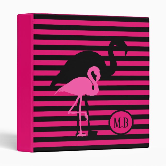 Cool Flamingo Black and Pink Stripes Monogram 3 Ring Binder (Front/Spine)