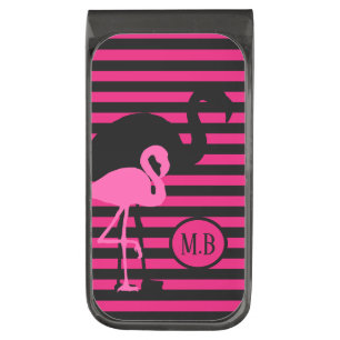 Cool Flamingo Black and Pink Stripes Monogram Gunmetal Finish Money Clip