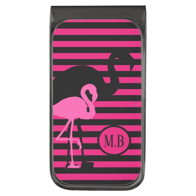 Cool Flamingo Black and Pink Stripes Monogram Gunmetal Finish Money Clip (Front Vertical)