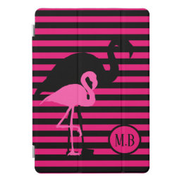 Cool Flamingo Black and Pink Stripes Monogram iPad Pro Cover