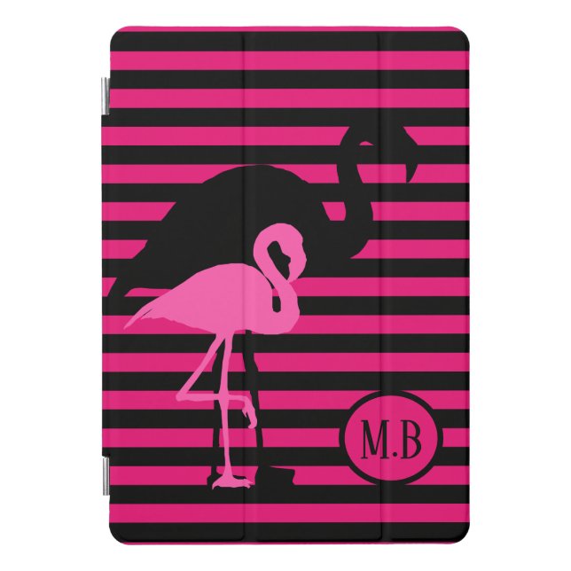 Cool Flamingo Black and Pink Stripes Monogram iPad Pro Cover (Front)