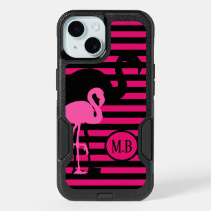 Cool Flamingo Black and Pink Stripes Monogram iPhone 15 Case