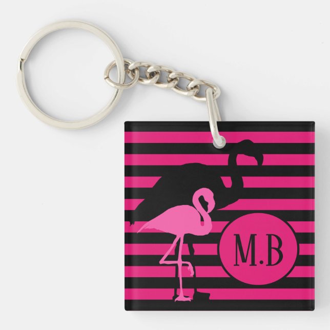Cool Flamingo Black and Pink Stripes Monogram Keychain (Front)