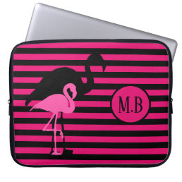 Cool Flamingo Black and Pink Stripes Monogram Laptop Sleeve