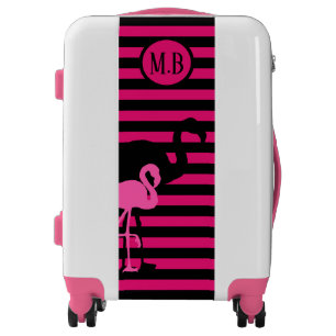 Cool Flamingo Black and Pink Stripes Monogram Luggage