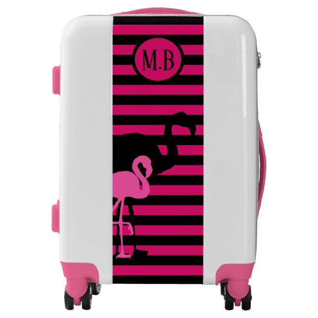 Cool Flamingo Black and Pink Stripes Monogram Luggage (Front)