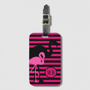 Cool Flamingo Black and Pink Stripes Monogram Luggage Tag