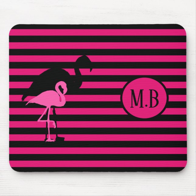 Cool Flamingo Black and Pink Stripes Monogram Mouse Pad (Front)