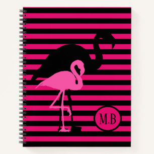 Cool Flamingo Black and Pink Stripes Monogram Notebook