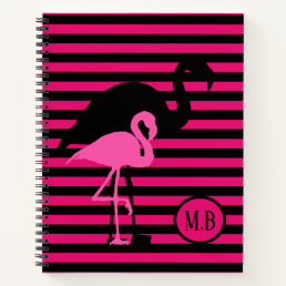 Cool Flamingo Black and Pink Stripes Monogram Notebook