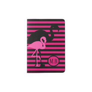 Cool Flamingo Black and Pink Stripes Monogram Passport Holder
