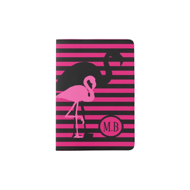 Cool Flamingo Black and Pink Stripes Monogram Passport Holder (Front)