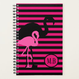 Cool Flamingo Black and Pink Stripes Monogram Planner