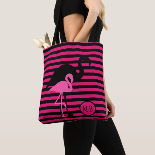 Cool Flamingo Black and Pink Stripes Monogram Tote Bag