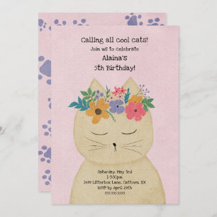 Cool Floral Cat girl birthday party invitation