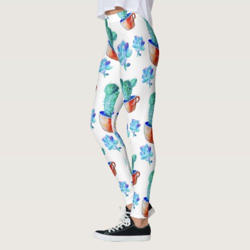 cool floral desert flowers green cactus pattern leggings